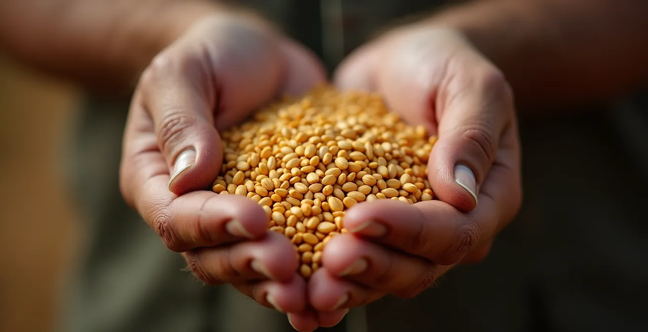 Gros plan sur les mains d'un agriculteur manipulant des graines de blé