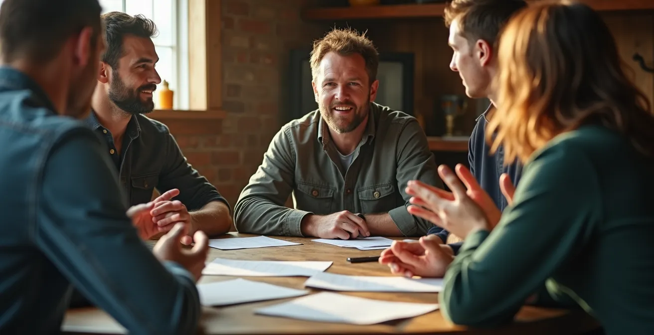 Groupe d'agriculteurs en réunion stratégique autour d'une table en bois