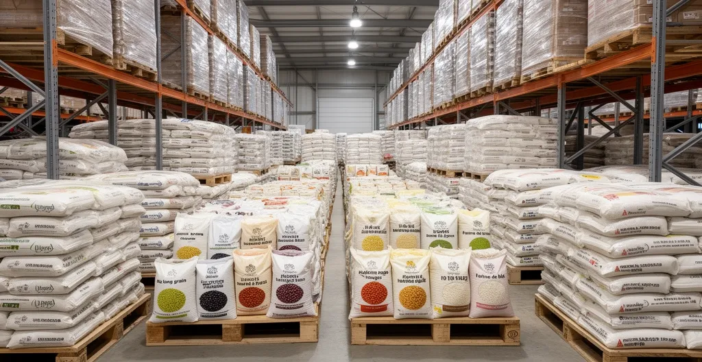 Rangées de colis alimentaires prêts pour distribution dans un entrepôt