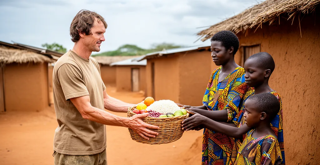 Bénévole humanitaire remettant un panier de nourriture à une famille dans un village
