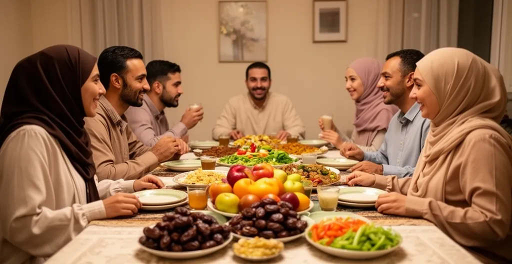 Famille musulmane réunie autour d'une table lors de l'iftar