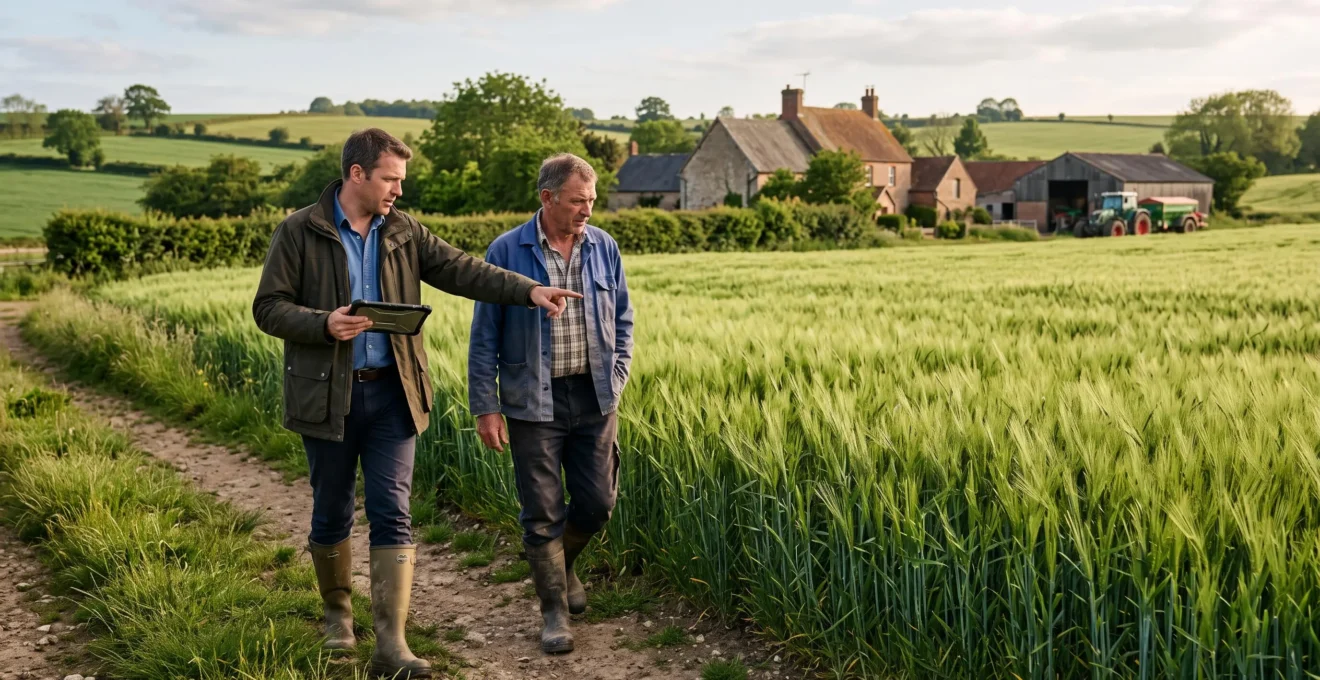 Un conseiller agricole et un exploitant marchent le long d'une parcelle cultivée et observent les cultures ensemble.