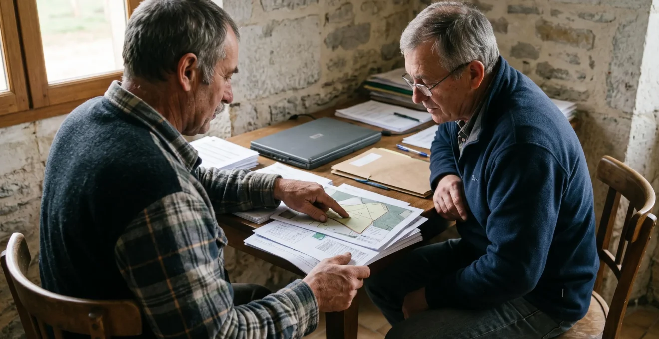 Un exploitant et un conseiller examinent ensemble des documents techniques et une carte de parcelles sur une table de ferme.